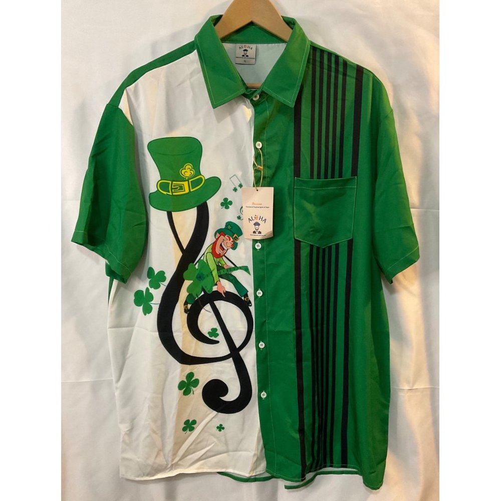 NWT Aloha Mens Irish Leprechaun Guitar  Hawaiian Shirt Innovation Art Exploratio